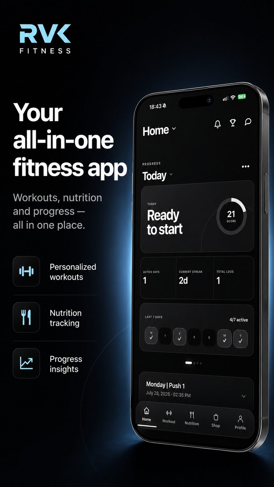 RVK Fitness app showing a complete view of training, nutrition, and progress